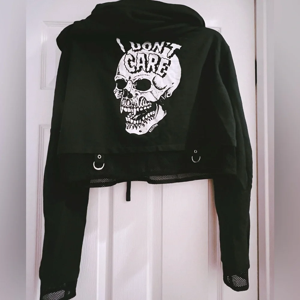 Killstar Punk Goth D-ring Fishnet Black Cropped Hoodie w Skull Design - Picture 2 of 2